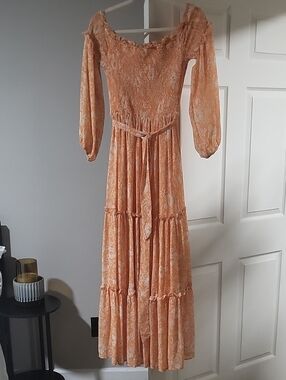 Flying Tomato Peach Floral Off-Shoulder Tiered Maxi Dress